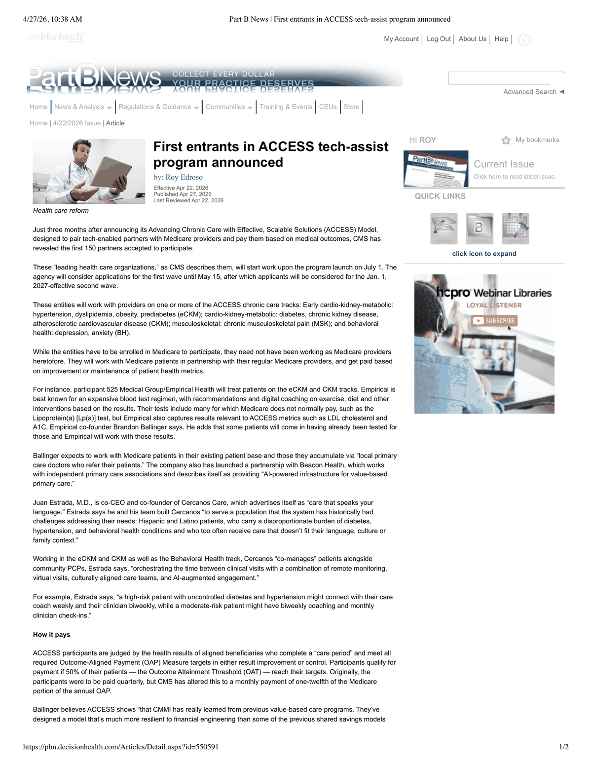 Part B News article, page 1
