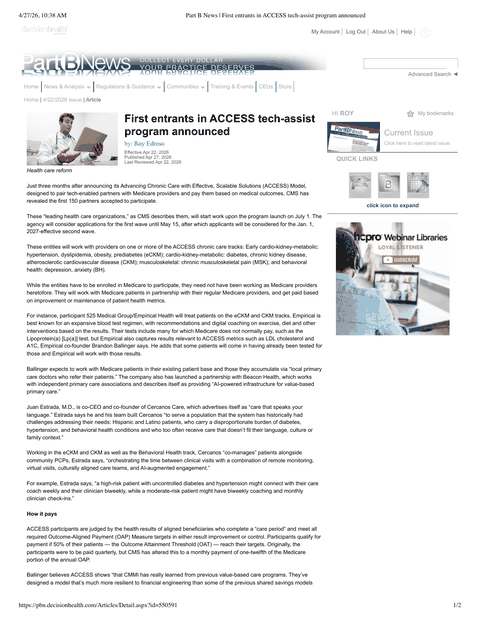 First page of the Part B News article on the first ACCESS Model entrants