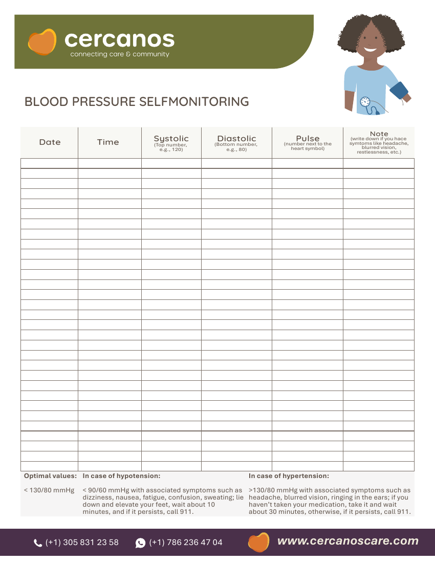 Preview of the Cercanos blood pressure self-monitoring tracker, a branded sheet for recording systolic, diastolic, pulse, and notes