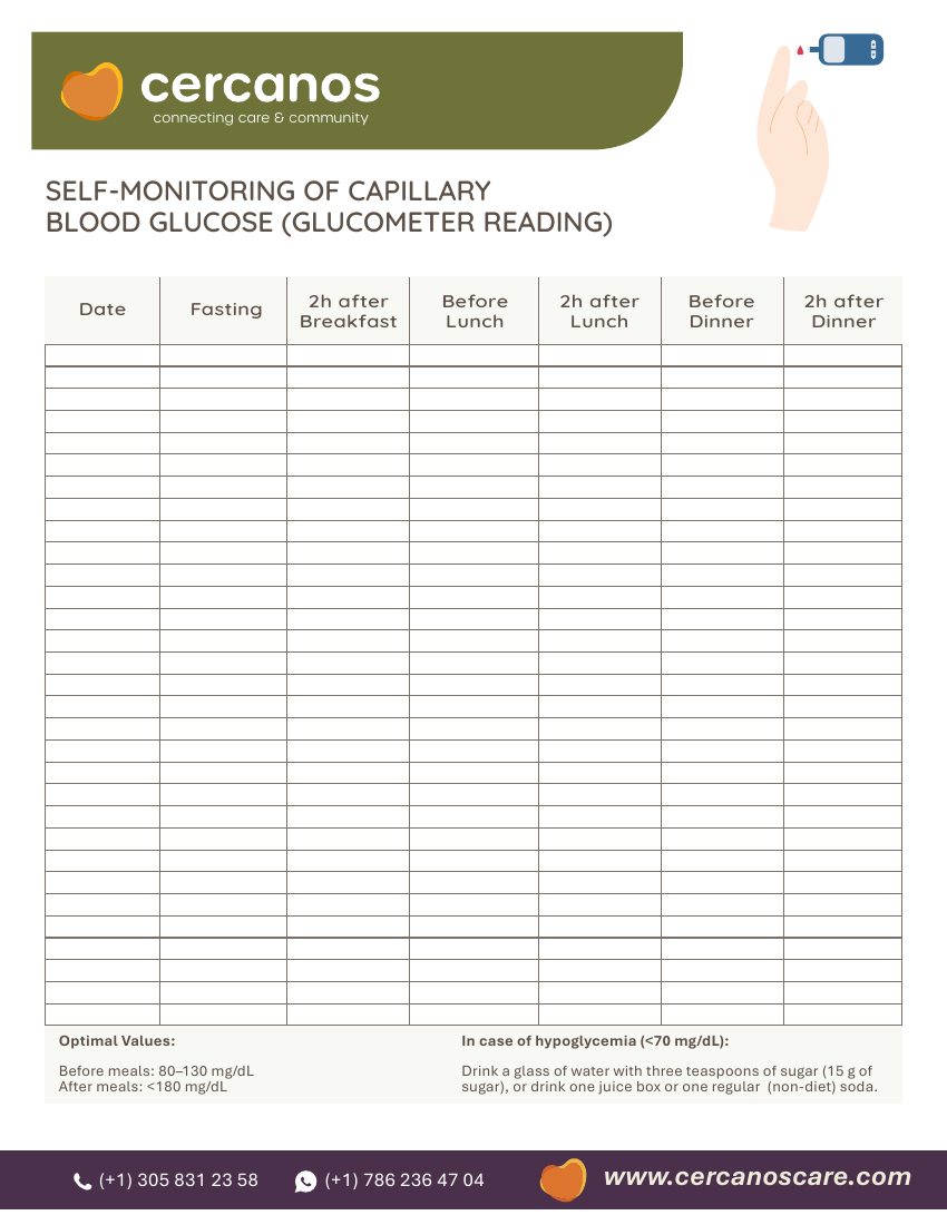 Preview of the Cercanos glucose self-monitoring tracker, a branded sheet for recording fasting and post-meal blood sugar readings