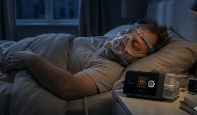 A person sleeping comfortably while using a CPAP machine